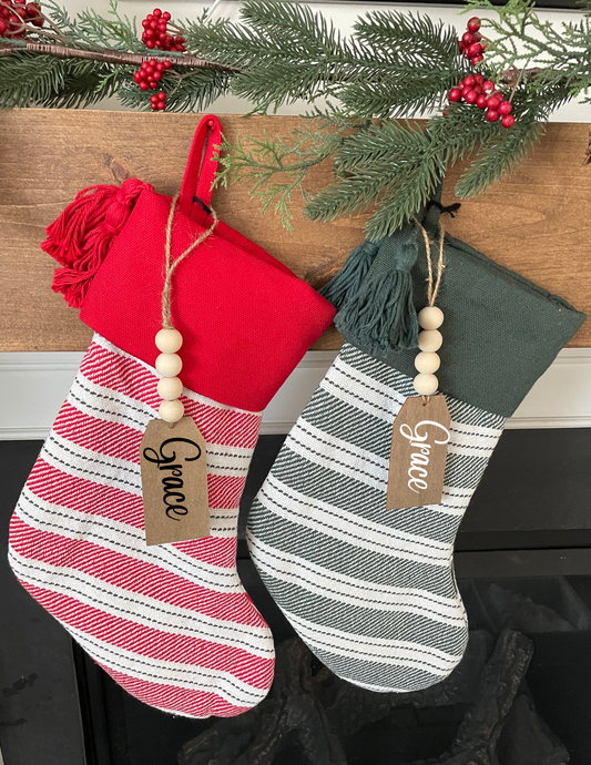 Beaded Wooden Stocking Name Tags